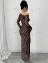 SHEIN Privé فستان أنيق أسيمتري الرقبة بفتحة عالية على الجانب مطبوع بنقشة الفهد، بأسلوب الصبغة المتدرجة والشبك المجعد