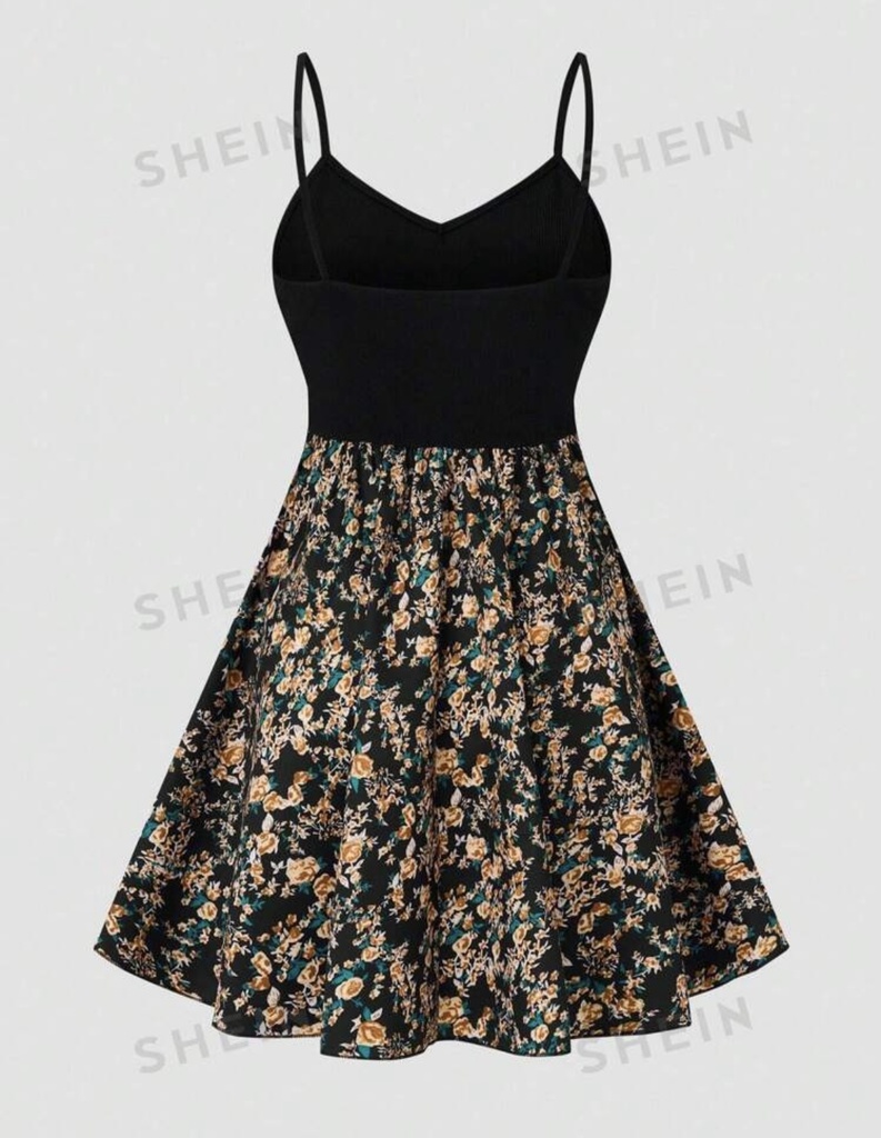 SHEIN LUNE فستان نسائي برسمة زهور متناثرة برقع وأشرطة