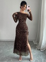 SHEIN Privé فستان أنيق أسيمتري الرقبة بفتحة عالية على الجانب مطبوع بنقشة الفهد، بأسلوب الصبغة المتدرجة والشبك المجعد