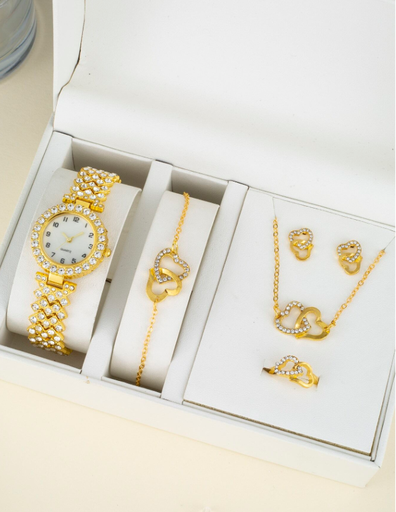 [sj2308099890407456] ساعة سوار مرصعة بالراين حول صدفة رومانية وطقم مجوهرات قلب مرصع بالراين فضي مجموعة من قطعتين